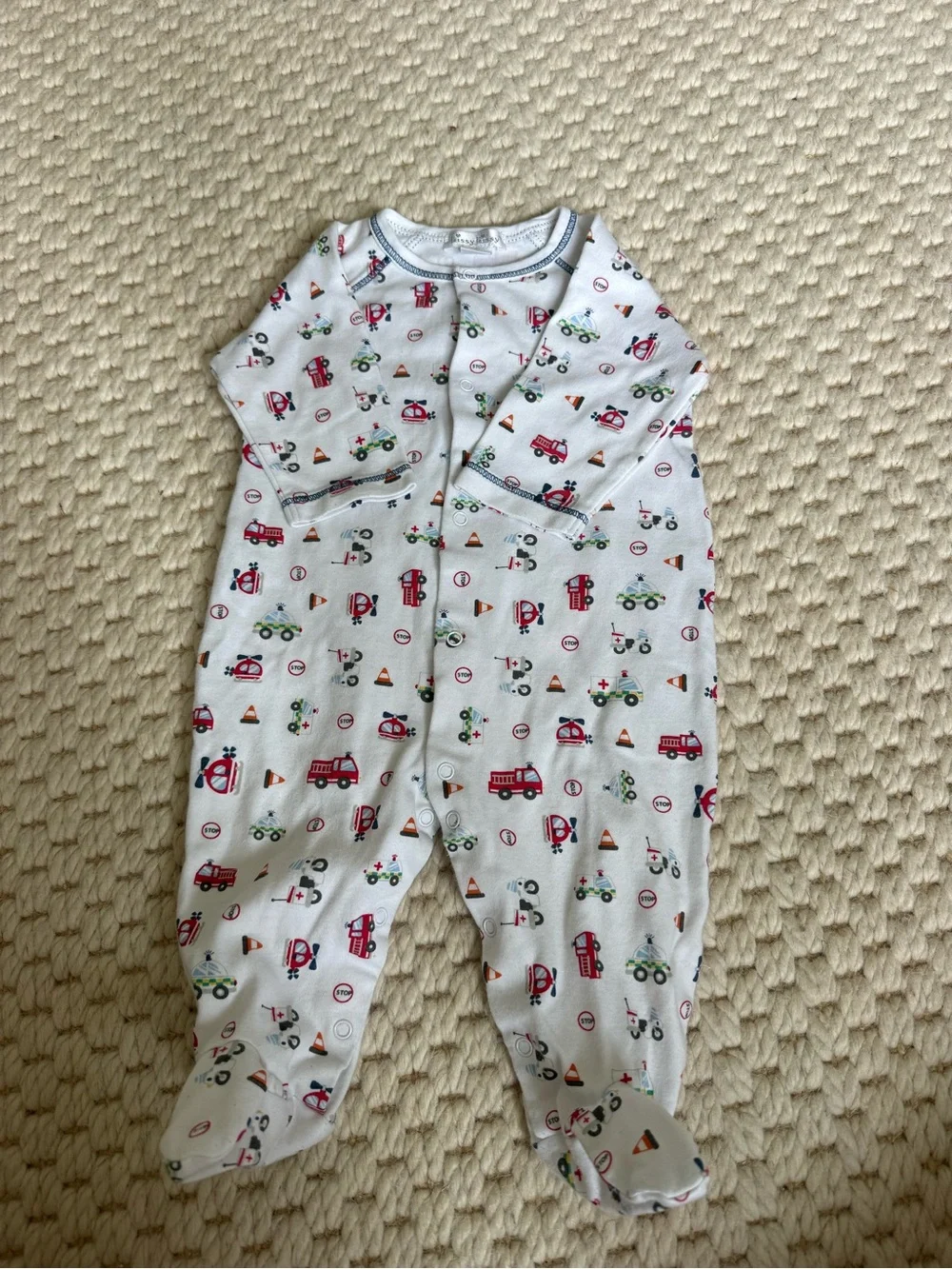 Kissy Kissy White Footed One-Piece with Red and Green Vehicle Print